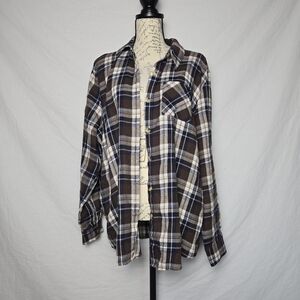 Plaid Flannel Button Down Shirt Brown Blue Cream - Size 2XL